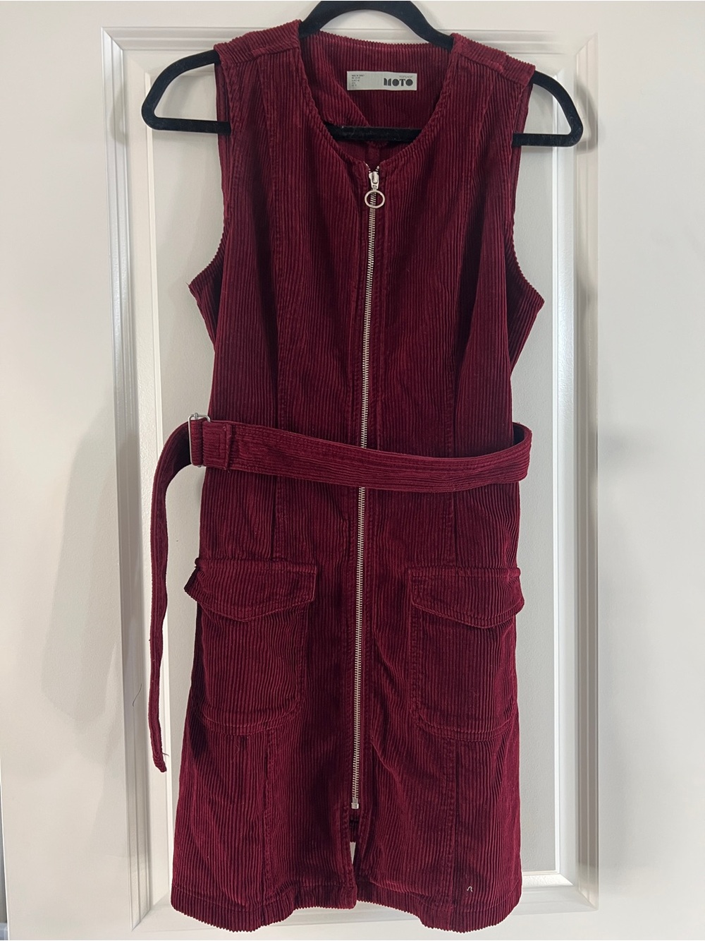 Topshop Burgundy Corduroy Sleeveless Zip Dress with Belt with pockets